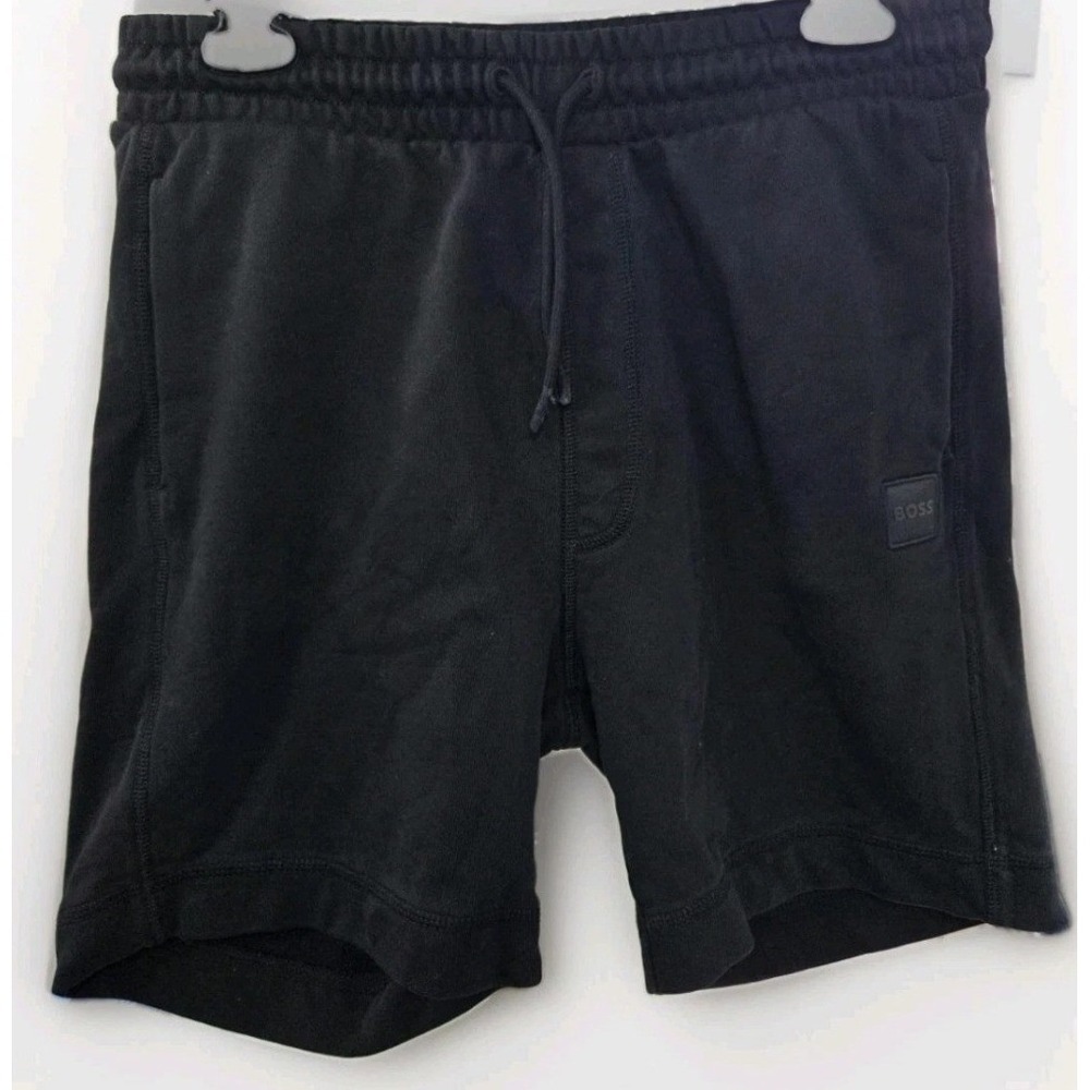 Hugo Boss Mens Black French Terry Sweat Shorts Size S Logo Patch Drawstring